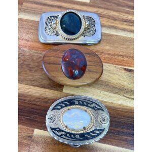 Set of 3 belt buckles, western, silver tone, wood, gold tone